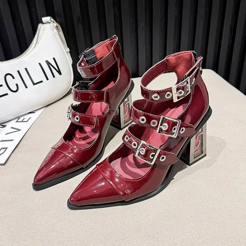 Spring New Coarse Heel Shoes Women Fashion Pointed Head Shallow Mouth Rivets Metal Buckle Line Belt High Heels
