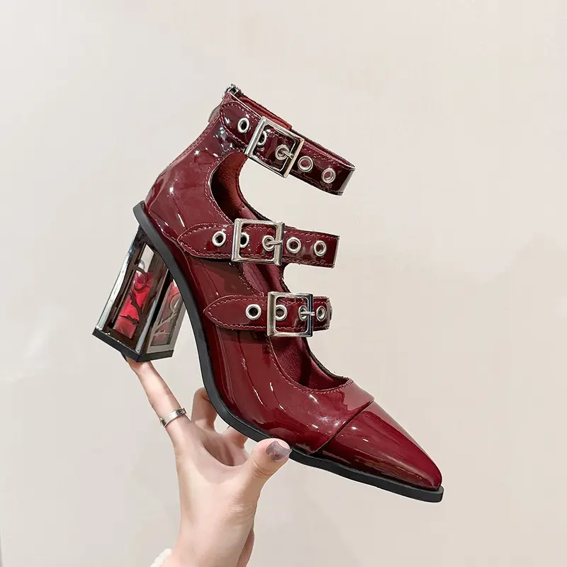 Spring New Coarse Heel Shoes Women Fashion Pointed Head Shallow Mouth Rivets Metal Buckle Line Belt High Heels