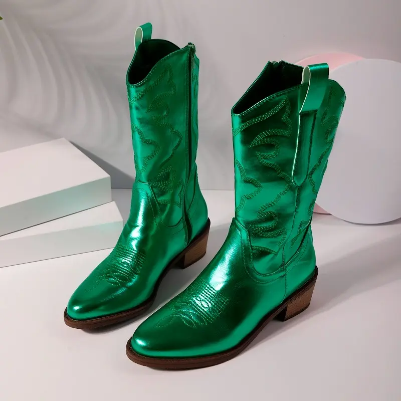 Autumn and Winter New Mid-tube Boots Women's Fashion Embroidered Pointed Toe Covers Block Heel Western Cowboy Boots