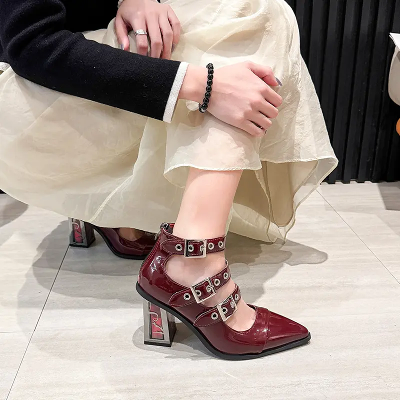 Spring New Coarse Heel Shoes Women Fashion Pointed Head Shallow Mouth Rivets Metal Buckle Line Belt High Heels