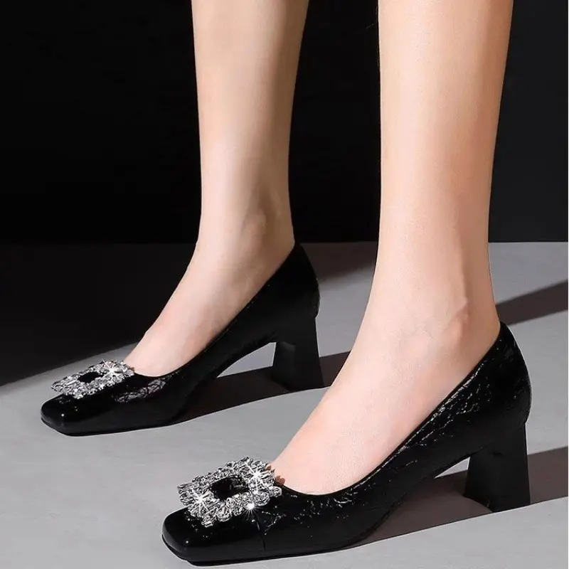 Women's Fashion Thick Heel Shoes Fall New Square Head Shallow Mouth Crystal Buckle Anti-slip Wear-resistant Low-top Shoes
