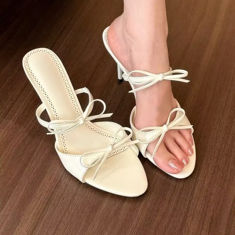 Women's Cool Drag Fashion Round Toe Open Toe One Line with Bow Non-slip Sandals Summer Outer Wear Stiletto Heels