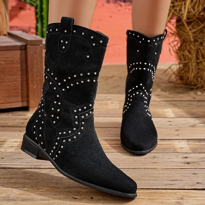 Fashion Pointed Toe Suede Rivet Side Zipper Soft Sole Non-Slip Wear Resistant Autumn Booties for Women