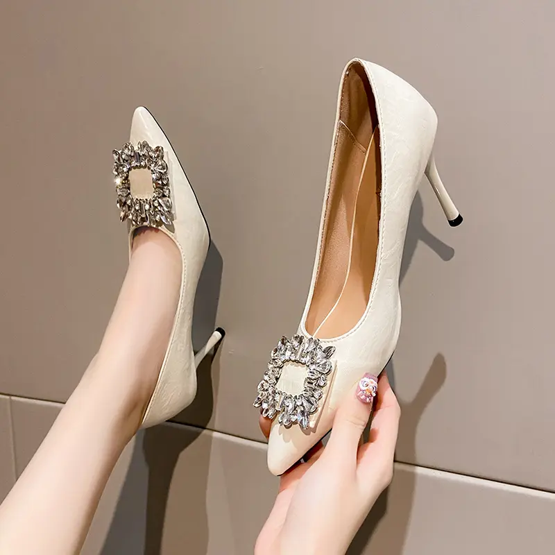 Low Top Single Shoes Summer New Pointy Head Shallow Mouth Sequin Square Buckle Set Foot Non-slip High Heels