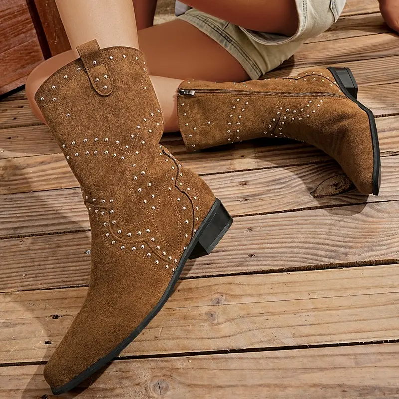 Fashion Pointed Toe Suede Rivet Side Zipper Soft Sole Non-Slip Wear Resistant Autumn Booties for Women