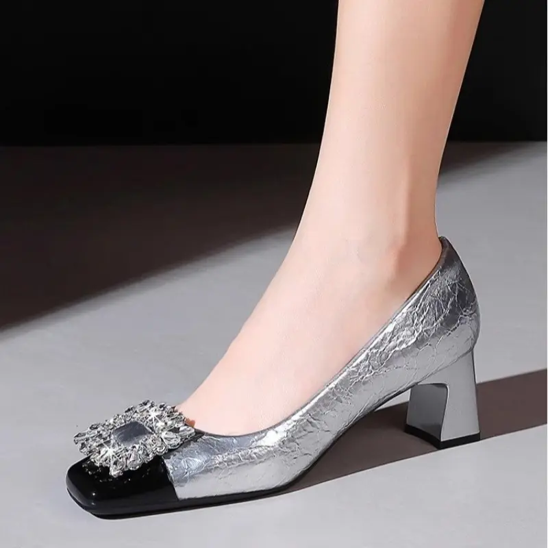 Women's Fashion Thick Heel Shoes Fall New Square Head Shallow Mouth Crystal Buckle Anti-slip Wear-resistant Low-top Shoes