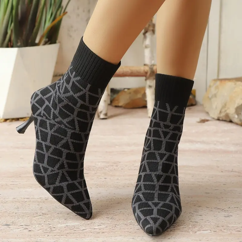 Colorblock Knit Breathable Cloth Slim Heel Single Boots Women's Fashion Pointed Toe Sleeve Non-Slip Wear-Resistant High Heels