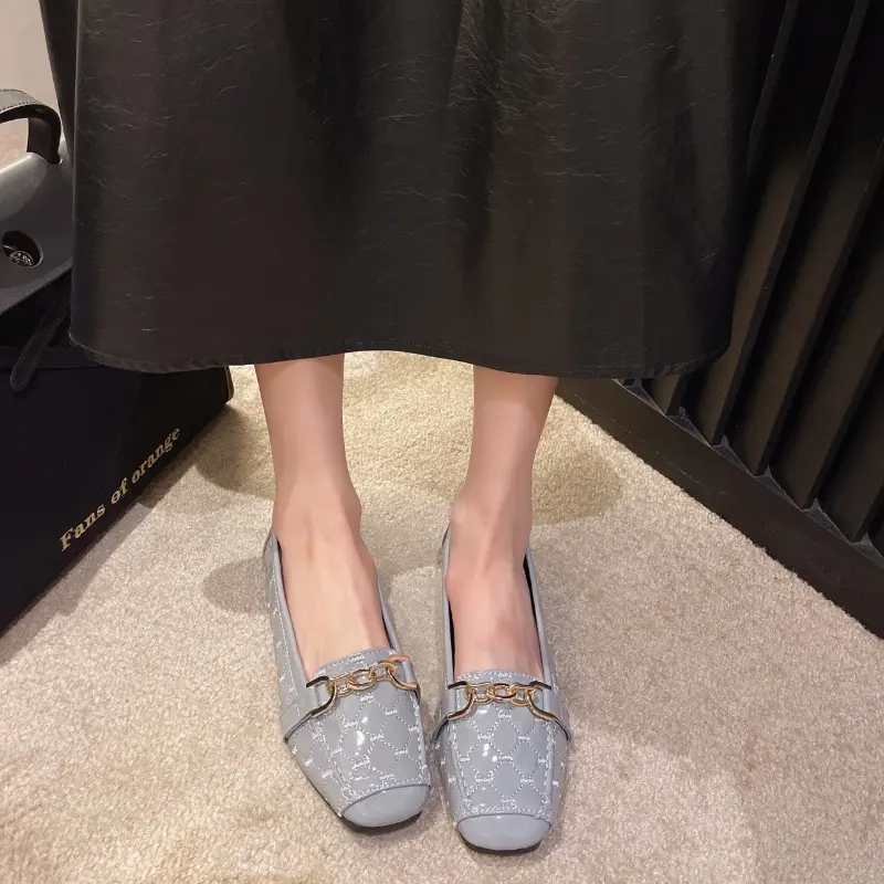 Women's Fashion Low Heel Shoes Fall New Square Head Shallow Mouth Metal Chain Soft Sole Anti-slip Wear-resistant Flat Shoes