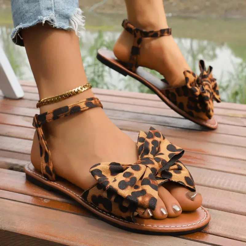 Summer New Leopard Bow Sandals Plus Size Round Toe Open Toe Casual Breathable Soft Sole Non-Slip Women's Flats