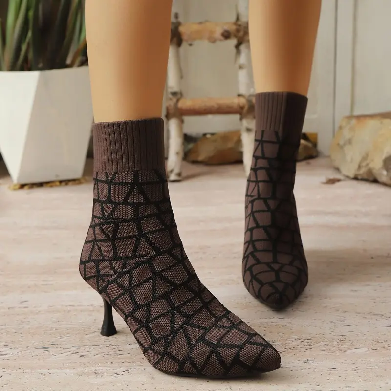 Colorblock Knit Breathable Cloth Slim Heel Single Boots Women's Fashion Pointed Toe Sleeve Non-Slip Wear-Resistant High Heels