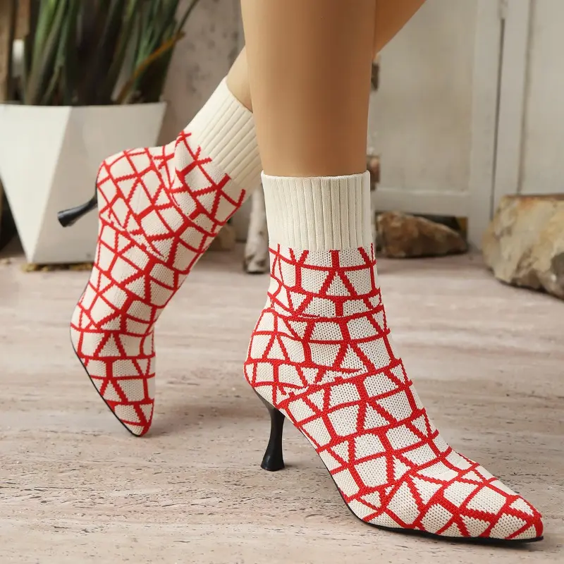 Colorblock Knit Breathable Cloth Slim Heel Single Boots Women's Fashion Pointed Toe Sleeve Non-Slip Wear-Resistant High Heels