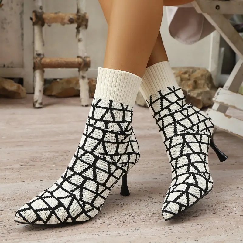 Colorblock Knit Breathable Cloth Slim Heel Single Boots Women's Fashion Pointed Toe Sleeve Non-Slip Wear-Resistant High Heels