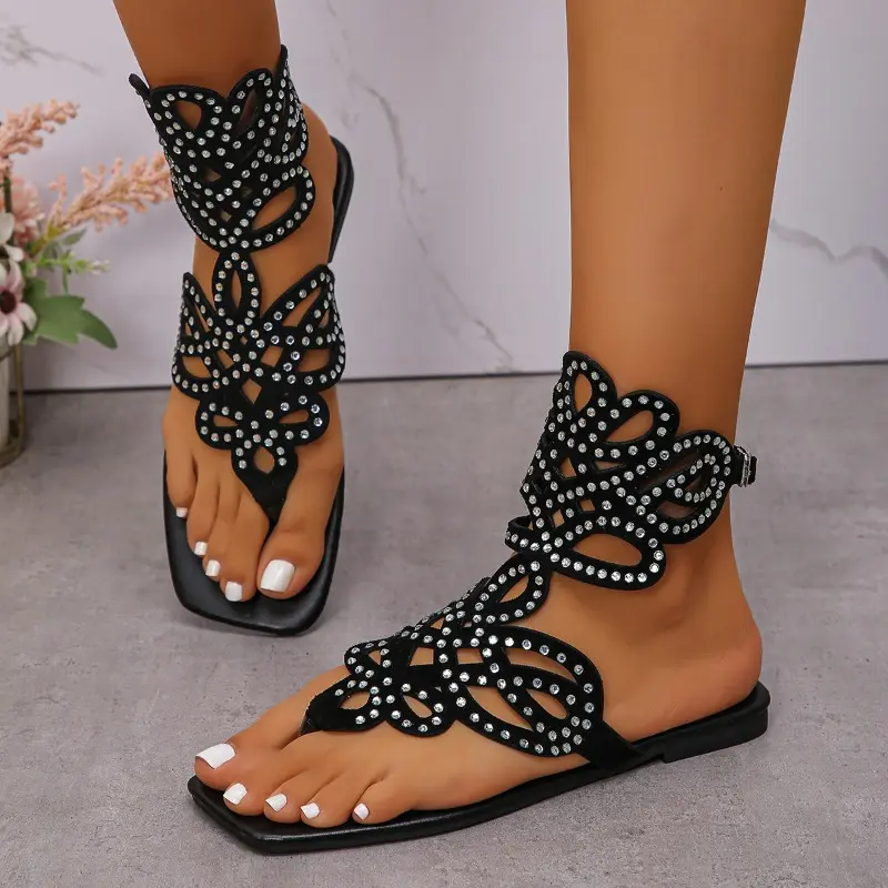Summer New Flat Shoes Women Fashion Square Head Toe Crystal Line with Soft Sole Anti-slip Wear-resistant Sandals