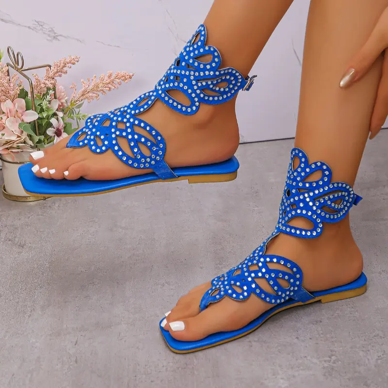 Summer New Flat Shoes Women Fashion Square Head Toe Crystal Line with Soft Sole Anti-slip Wear-resistant Sandals