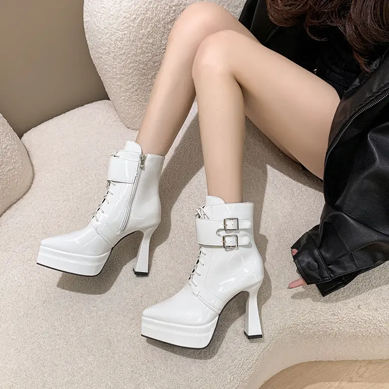 Temperament Wine Glass Followed Single Boots Women's Fashion Pointed Toe Front Lace-Up Side Zip Platform Non-Slip Booties