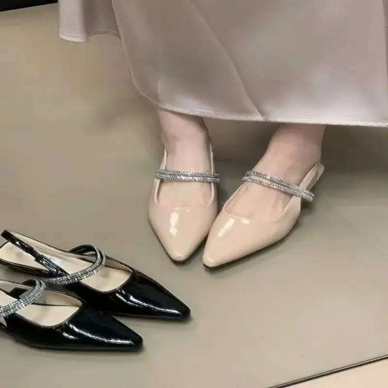Baotou Sandals Summer New Pointed Toe Shallow Mouth Rhinestone Slip Belt Soft Sole Non-slip Low Heel Shoes