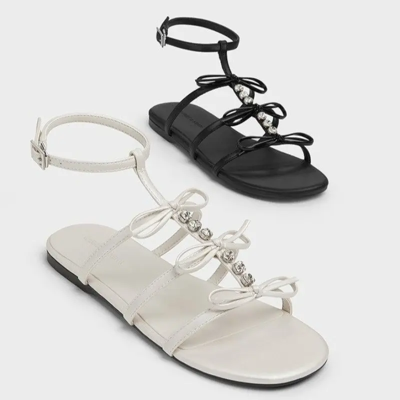 Flat Women's Shoes Summer New Round Toe Soft Leather Casual Outside Wear Bow Bright Diamond Open Toe Soft Sole Sandals