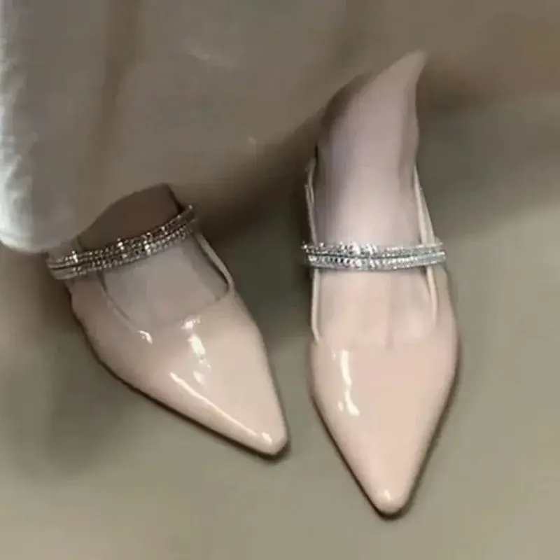Baotou Sandals Summer New Pointed Toe Shallow Mouth Rhinestone Slip Belt Soft Sole Non-slip Low Heel Shoes