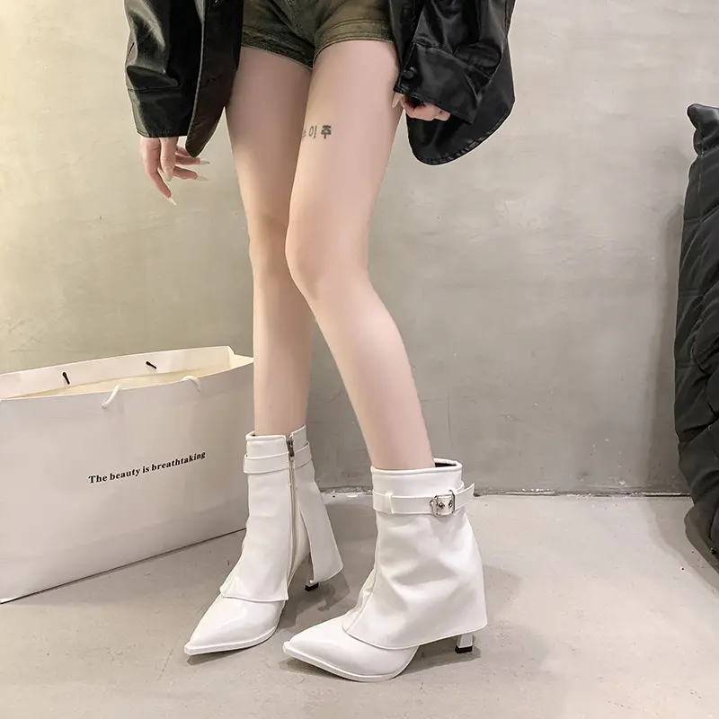 Winter New Thin Heel Cotton Boots Women's Fashion Pointed Side Zipper Belt Buckle Anti-slip Wear-resistant Short Boots