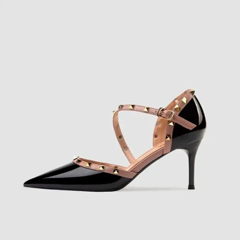 Women's Thin Heel Shoes Autumn New Pointed Head Shallow Mouth Rivets A Line with Anti-slip Wear-resistant Low-top Shoes