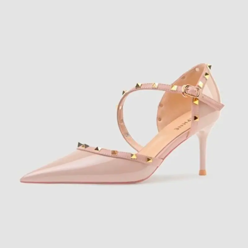 Women's Thin Heel Shoes Autumn New Pointed Head Shallow Mouth Rivets A Line with Anti-slip Wear-resistant Low-top Shoes