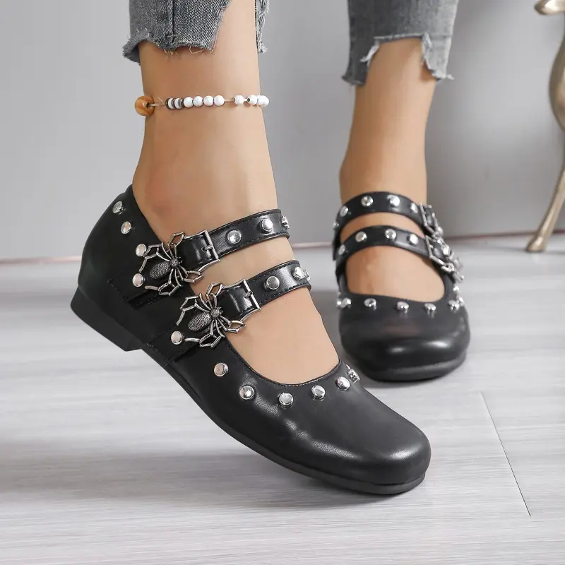 Vintage Rivet Mary Jane Shoes Women's Autumn New Round Toe Shallow Mouth Metal Buckle Soft Sole Non-slip Wear-resistant Flats