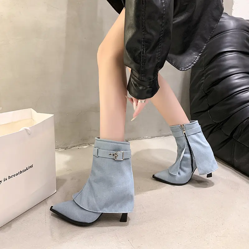 Winter New Thin Heel Cotton Boots Women's Fashion Pointed Side Zipper Belt Buckle Anti-slip Wear-resistant Short Boots