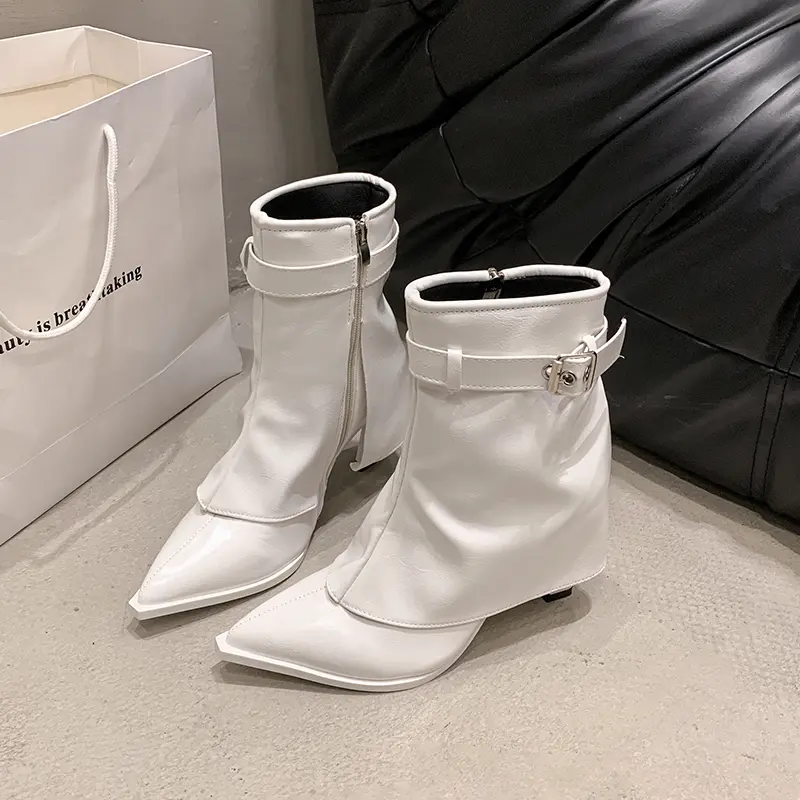Winter New Thin Heel Cotton Boots Women's Fashion Pointed Side Zipper Belt Buckle Anti-slip Wear-resistant Short Boots