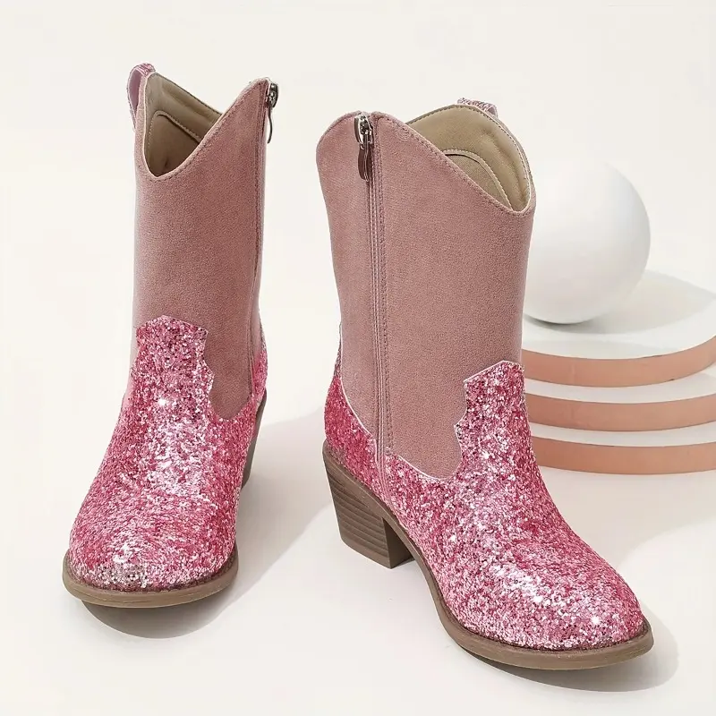 New Round Toe Block Heel Spliced Rhinestone Side Zipper Single Inside Fashion Boots Versatile Casual Non-Slip Mid-Tube Boots