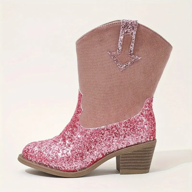New Round Toe Block Heel Spliced Rhinestone Side Zipper Single Inside Fashion Boots Versatile Casual Non-Slip Mid-Tube Boots