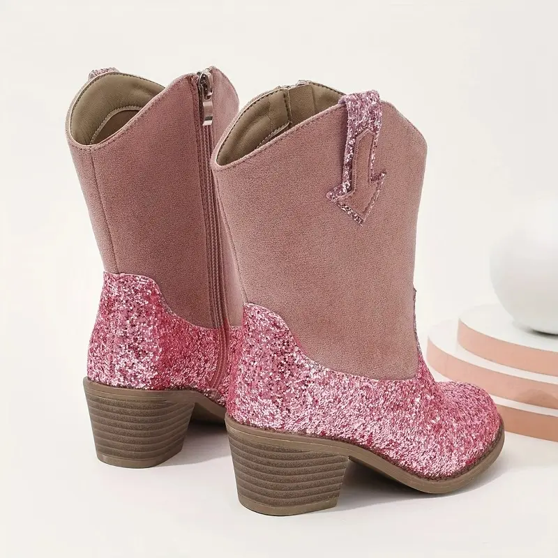 New Round Toe Block Heel Spliced Rhinestone Side Zipper Single Inside Fashion Boots Versatile Casual Non-Slip Mid-Tube Boots