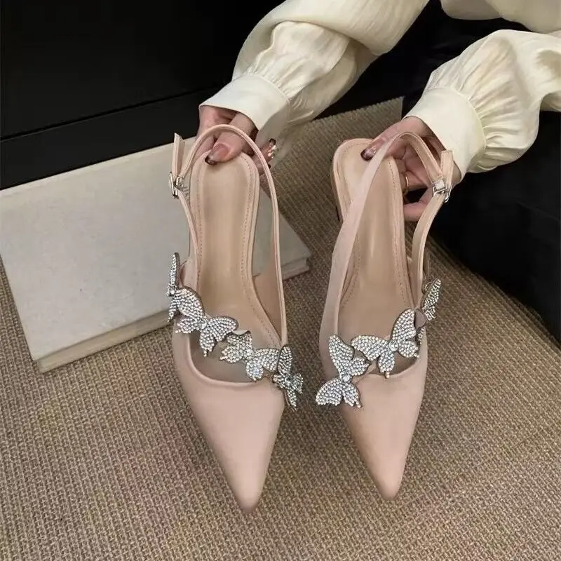 Rhinestone Butterfly Stiletto Pointed Toe Sandals Autumn New Baotou Shallow Mouth One Strap Non-slip High Heels