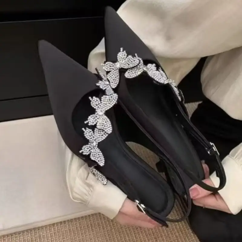 Rhinestone Butterfly Stiletto Pointed Toe Sandals Autumn New Baotou Shallow Mouth One Strap Non-slip High Heels