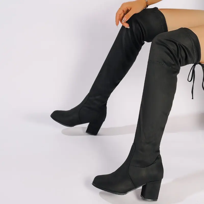 Winter New Chunky Boots Women's Fashion Round Head Sleeve Back Lace-up Suede Style Over-the-knee Boots