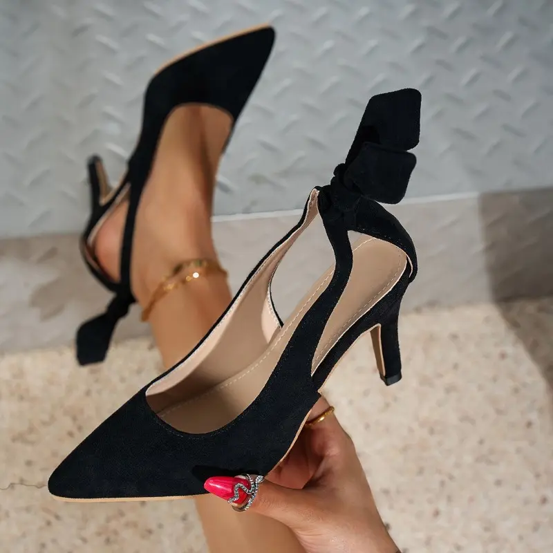 Shallow Mouth Wrapped Head Stiletto Sandals Women Spring and Summer New Bow Pointed Toe Suede Non-slip High Heels