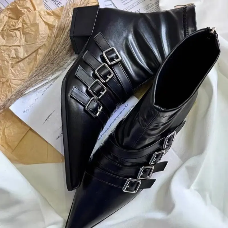 Rear Zip Block Heel Single Boots Women's Fashion Pointed Toe Metal Belt Buckle Anti-Slip Wear-Resistant Short Shoe
