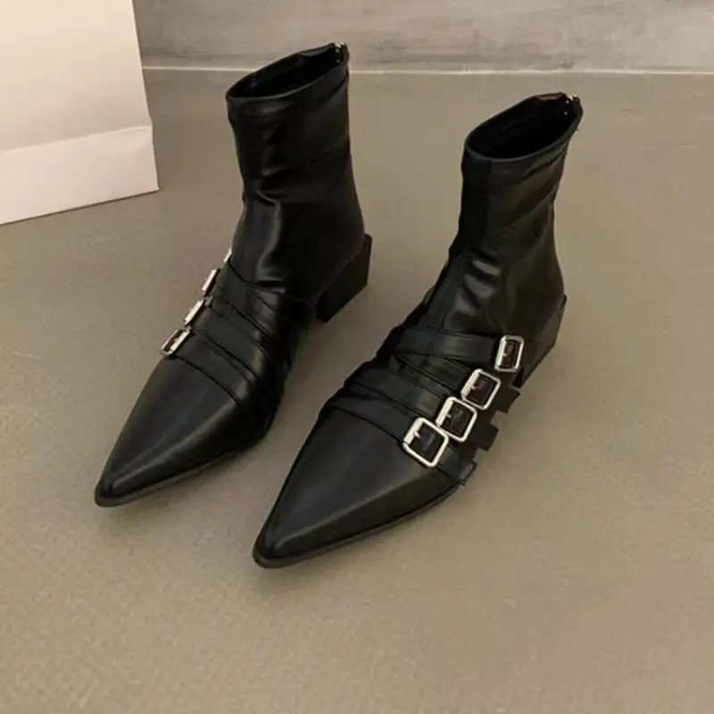 Rear Zip Block Heel Single Boots Women's Fashion Pointed Toe Metal Belt Buckle Anti-Slip Wear-Resistant Short Shoe