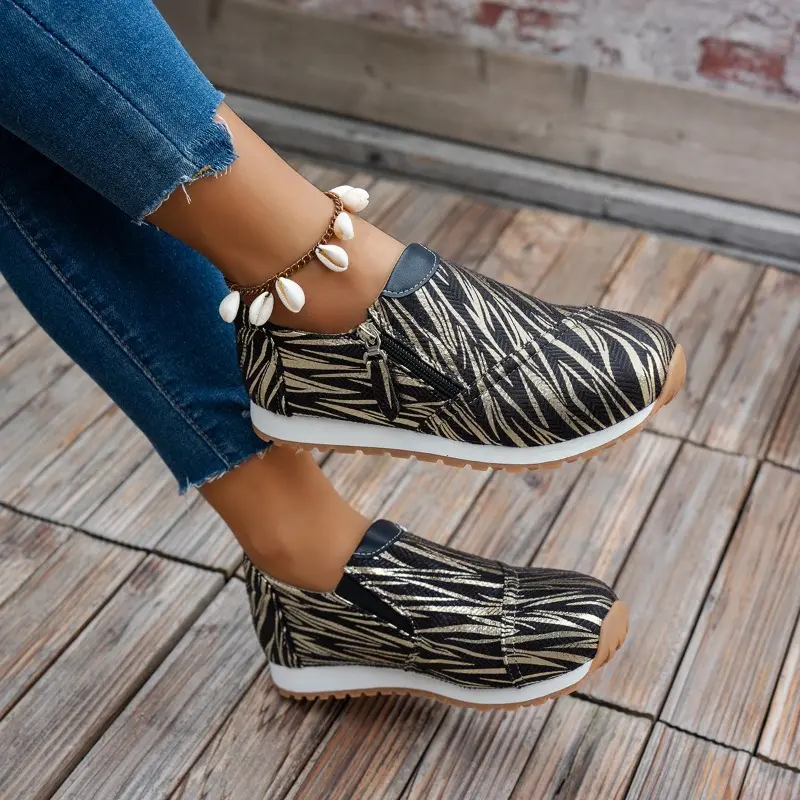 Women's Casual Sports Shoes Spring New Round Head Deep Mouth Side Zipper Anti-slip Wear-resistant Low-top Shoes