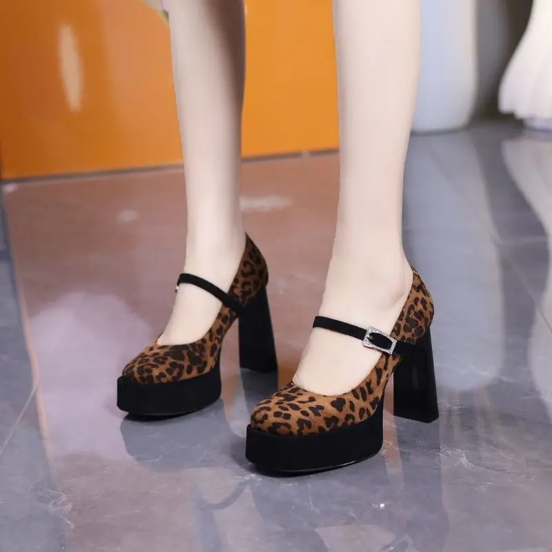 Super High Heel Single Shoes Women's Fashion Round Toe Patent Leather Platform Slip Strap Square Heel Shoes