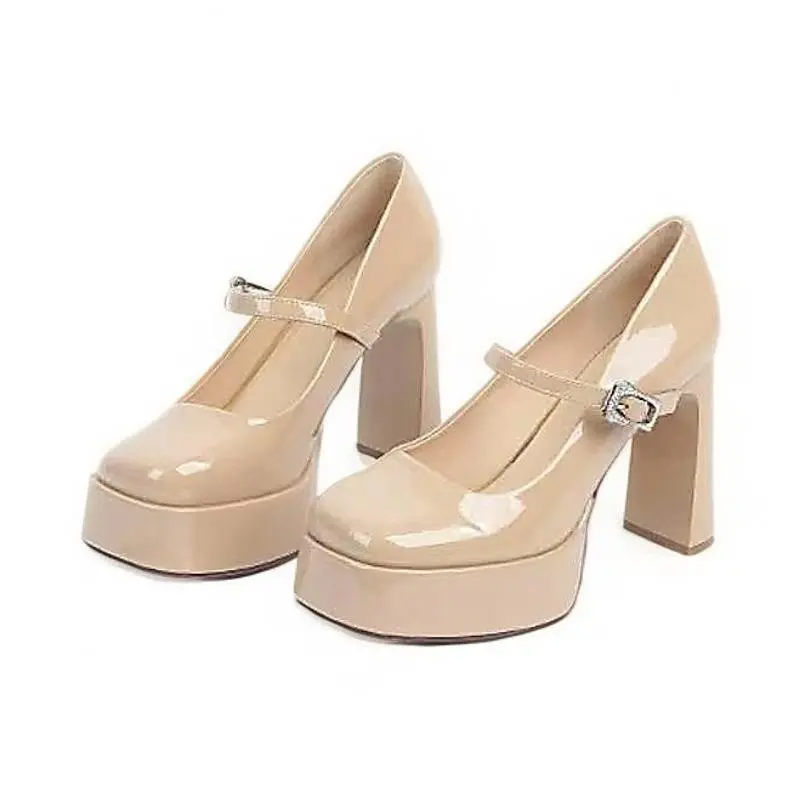 Super High Heel Single Shoes Women's Fashion Round Toe Patent Leather Platform Slip Strap Square Heel Shoes