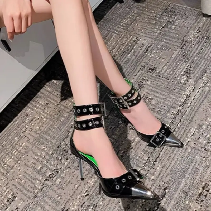 High Heels Spring Anti-collision Metal Pointed Head Shallow Mouth Rivets Metal Buckle Cover Foot Non-slip Sandals