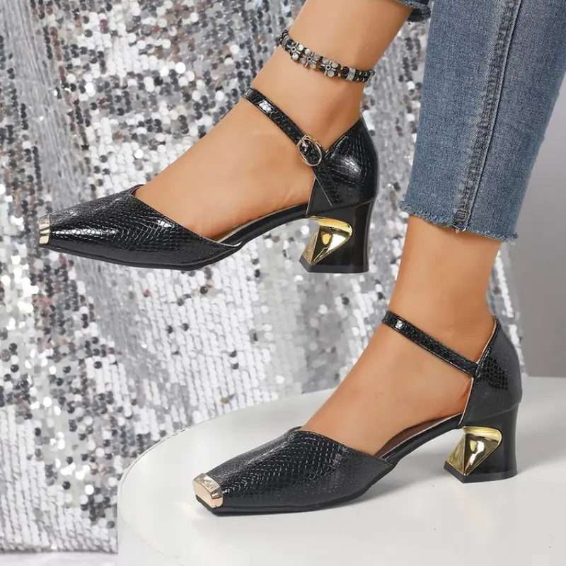 Special Heel Sandals Autumn New Metal Square Toe Shallow Mouth One Strap Anti-slip Wear-resistant High Heels