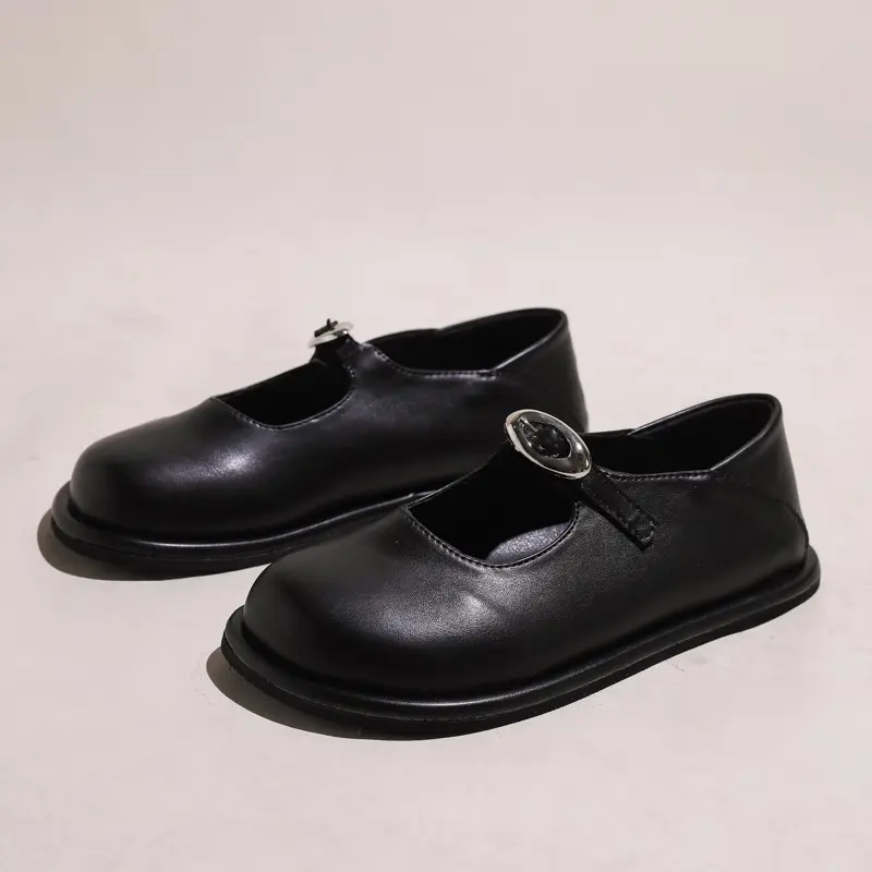 Flat Shoes Autumn New Round Toe Shallow Mouth Metal Buckle One-line Band Soft Sole Non-slip Wear-resistant Single Shoes