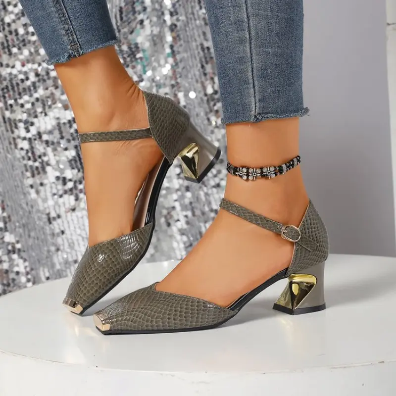 Special Heel Sandals Autumn New Metal Square Toe Shallow Mouth One Strap Anti-slip Wear-resistant High Heels