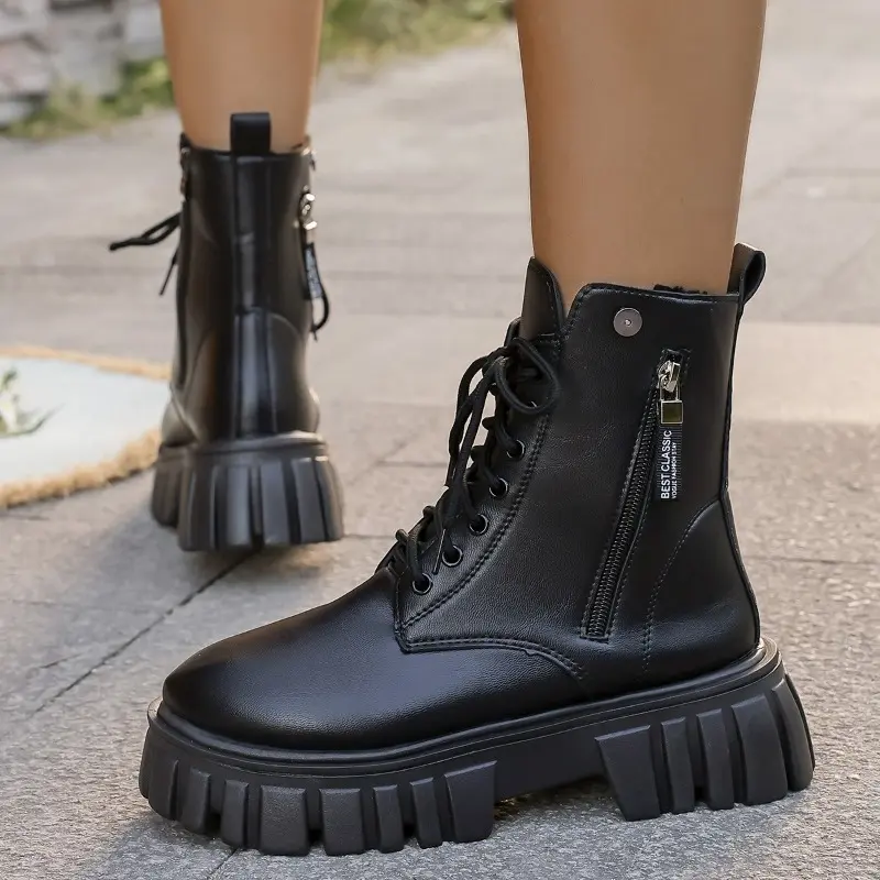 Women's Round Toe Side Zip Front Lace-Up Platform Non-Slip Short Thigh Boots Fashion Non-Slip High Heel Boots