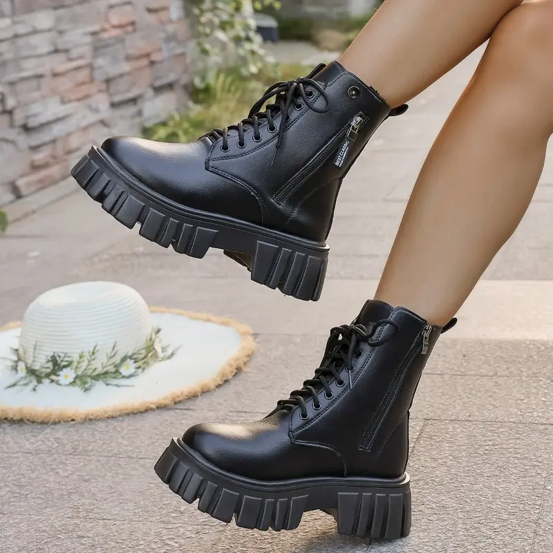 Women's Round Toe Side Zip Front Lace-Up Platform Non-Slip Short Thigh Boots Fashion Non-Slip High Heel Boots