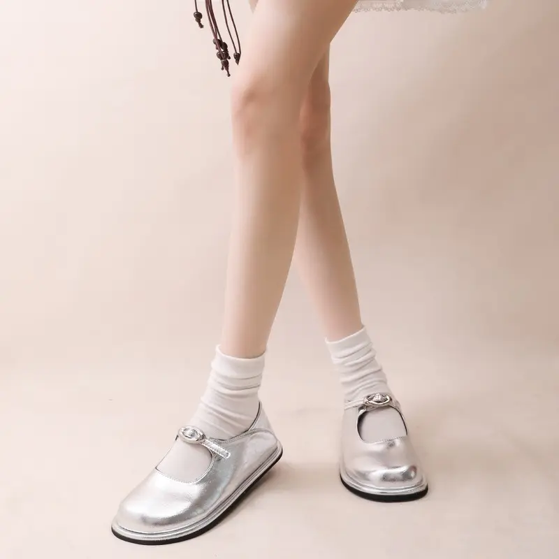 Flat Shoes Autumn New Round Toe Shallow Mouth Metal Buckle One-line Band Soft Sole Non-slip Wear-resistant Single Shoes