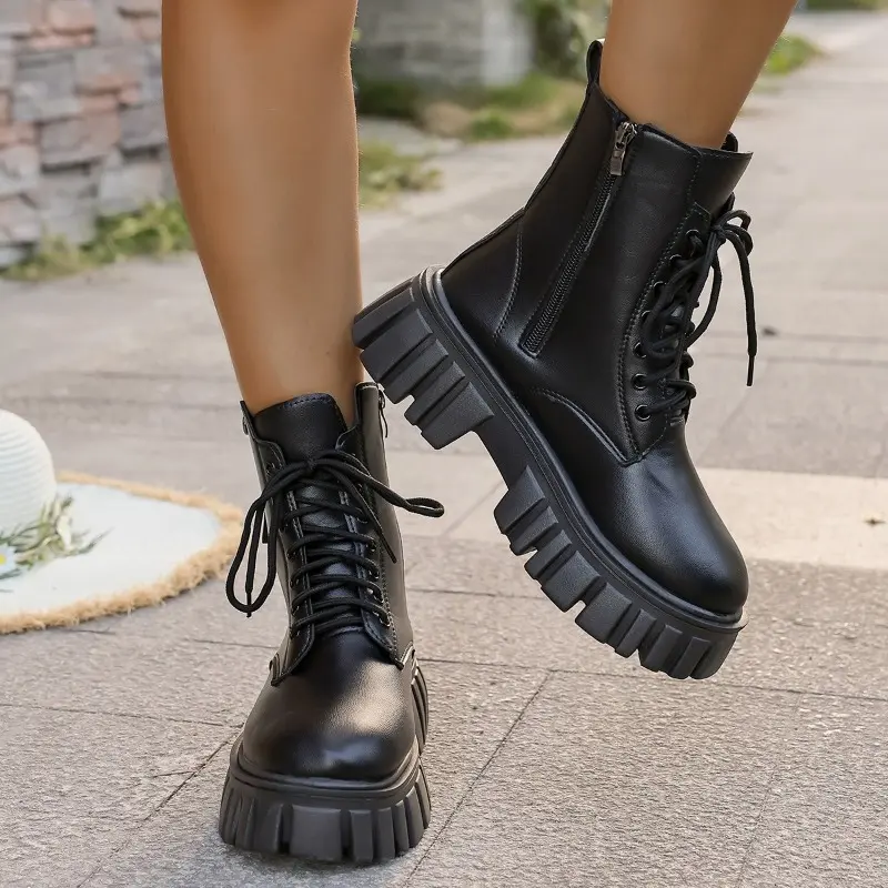Women's Round Toe Side Zip Front Lace-Up Platform Non-Slip Short Thigh Boots Fashion Non-Slip High Heel Boots