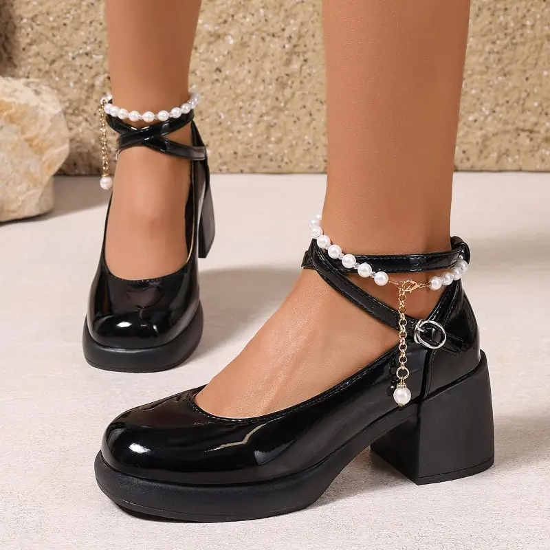 Women's Thick Heel Shoes Spring New Square Head Shallow Mouth Thick Bottom Metal Buckle Anti-slip Wear Mary Jane Shoes