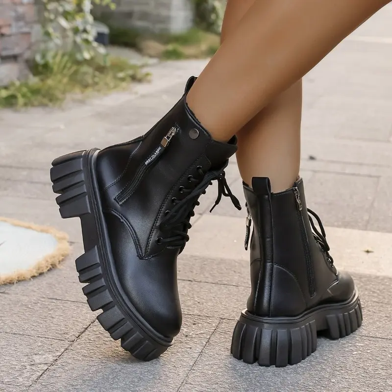 Women's Round Toe Side Zip Front Lace-Up Platform Non-Slip Short Thigh Boots Fashion Non-Slip High Heel Boots